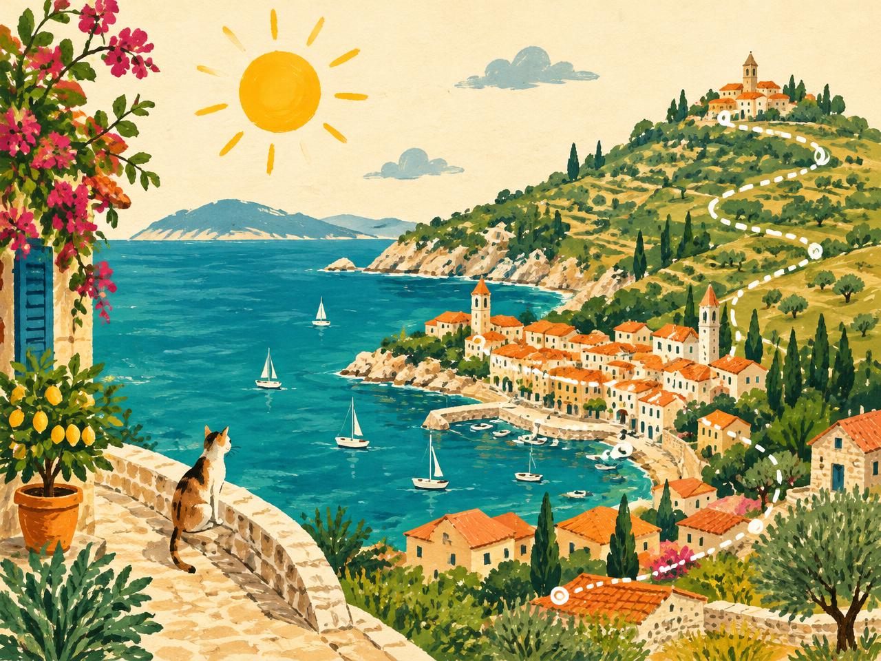 Illustrated seaside town with terracotta roofs and a dotted path over the hills (illustrative, not a real location).